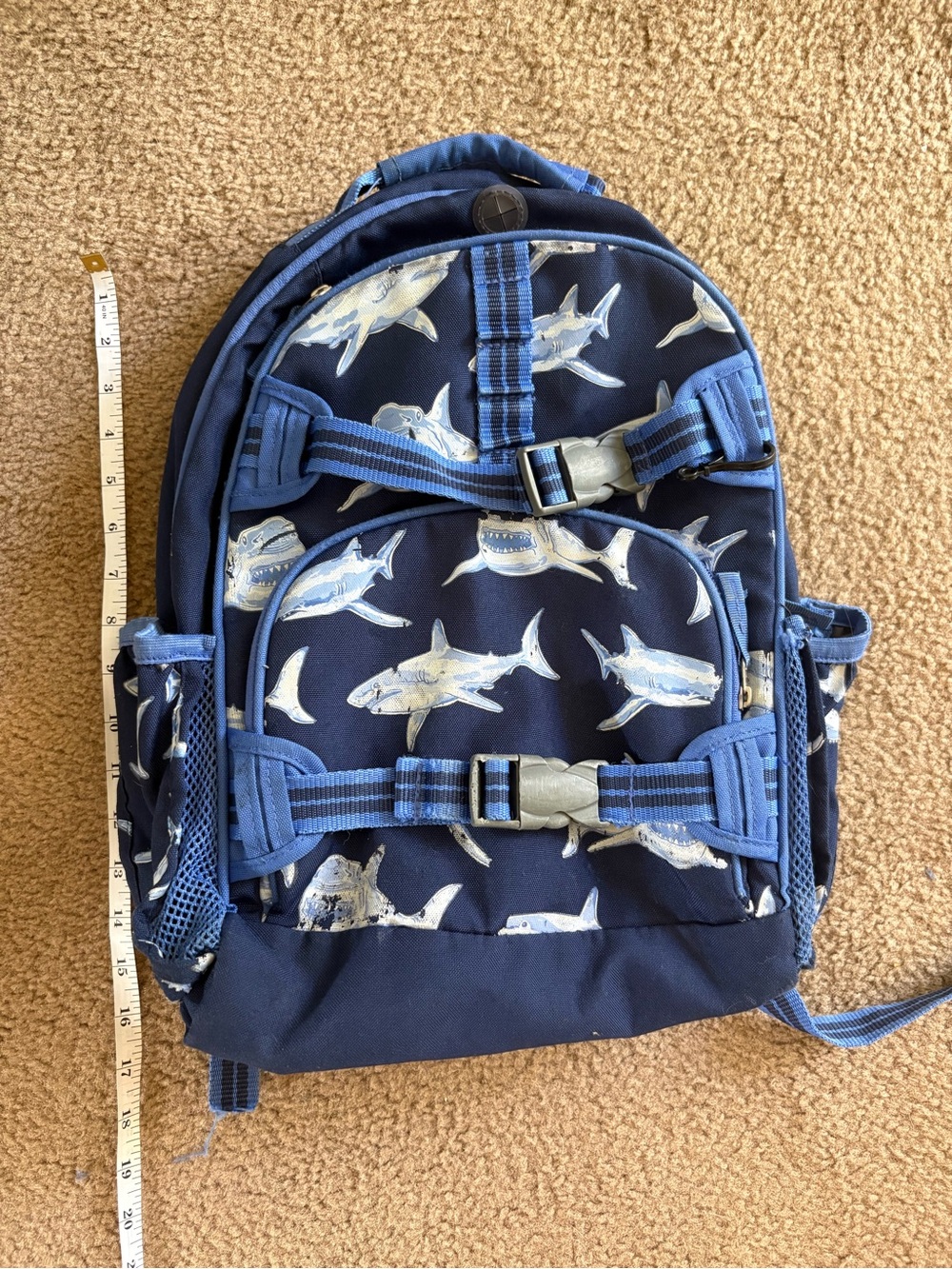 Pottery Barn Kids Navy Shark Print Backpack with Light Blue Straps